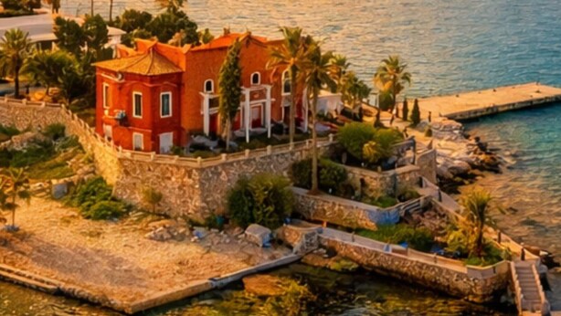 A coastal building with a red facade, a stone wall, and a small dock. - Caecilia Lawrence Bio Sea Villa - Sleeps 12 (Chalcis)