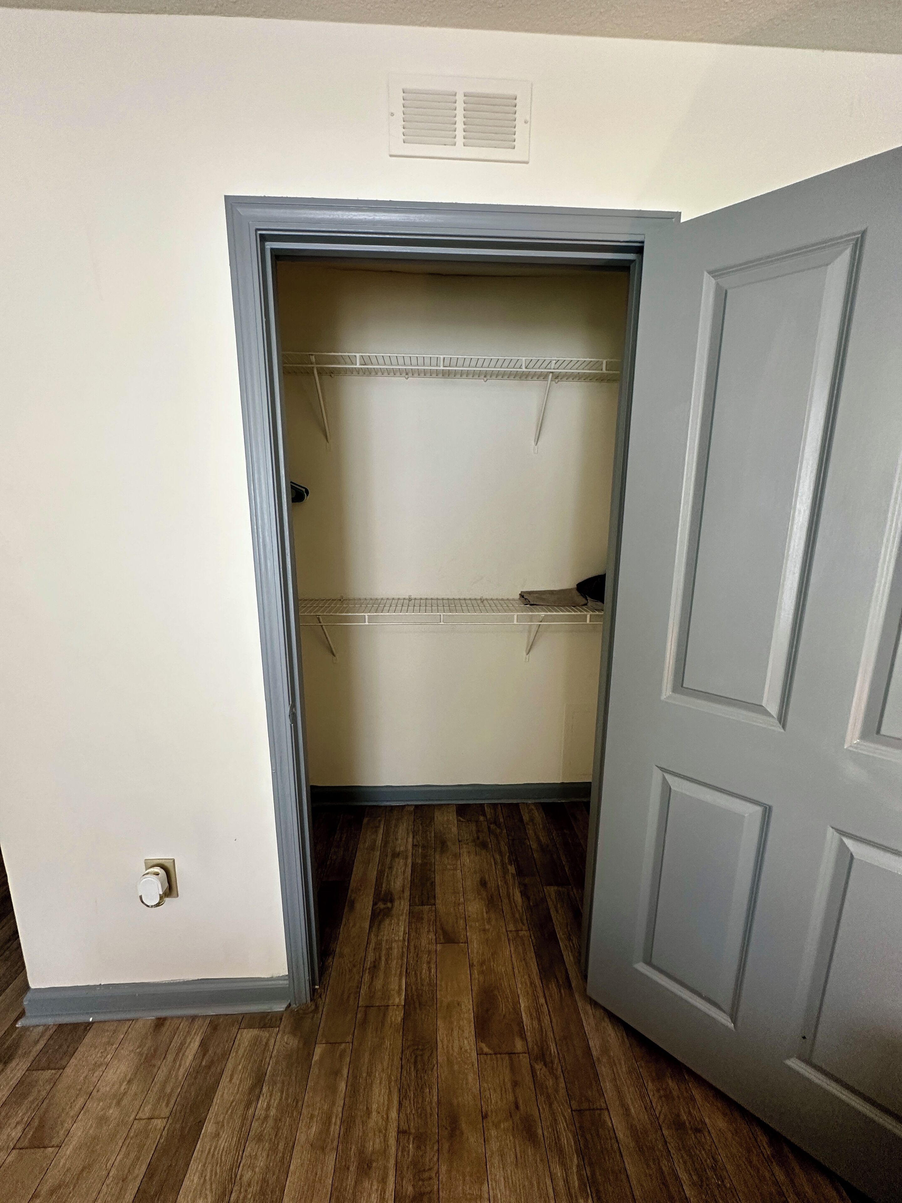 A closet with a metal shelving unit and a door.