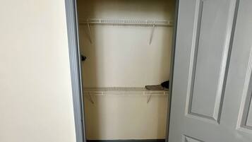 A closet with a metal shelving unit and a door.