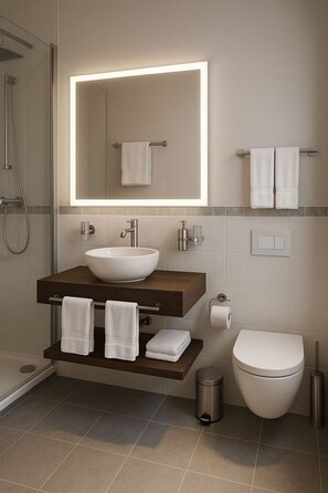 Douche, sèche-cheveux, serviettes fournies, savon