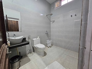 Shower, towels, toilet paper