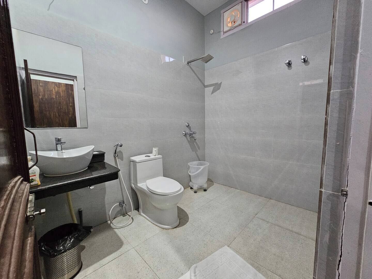 Shower, towels, toilet paper