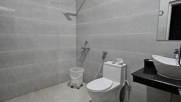 Shower, towels, toilet paper