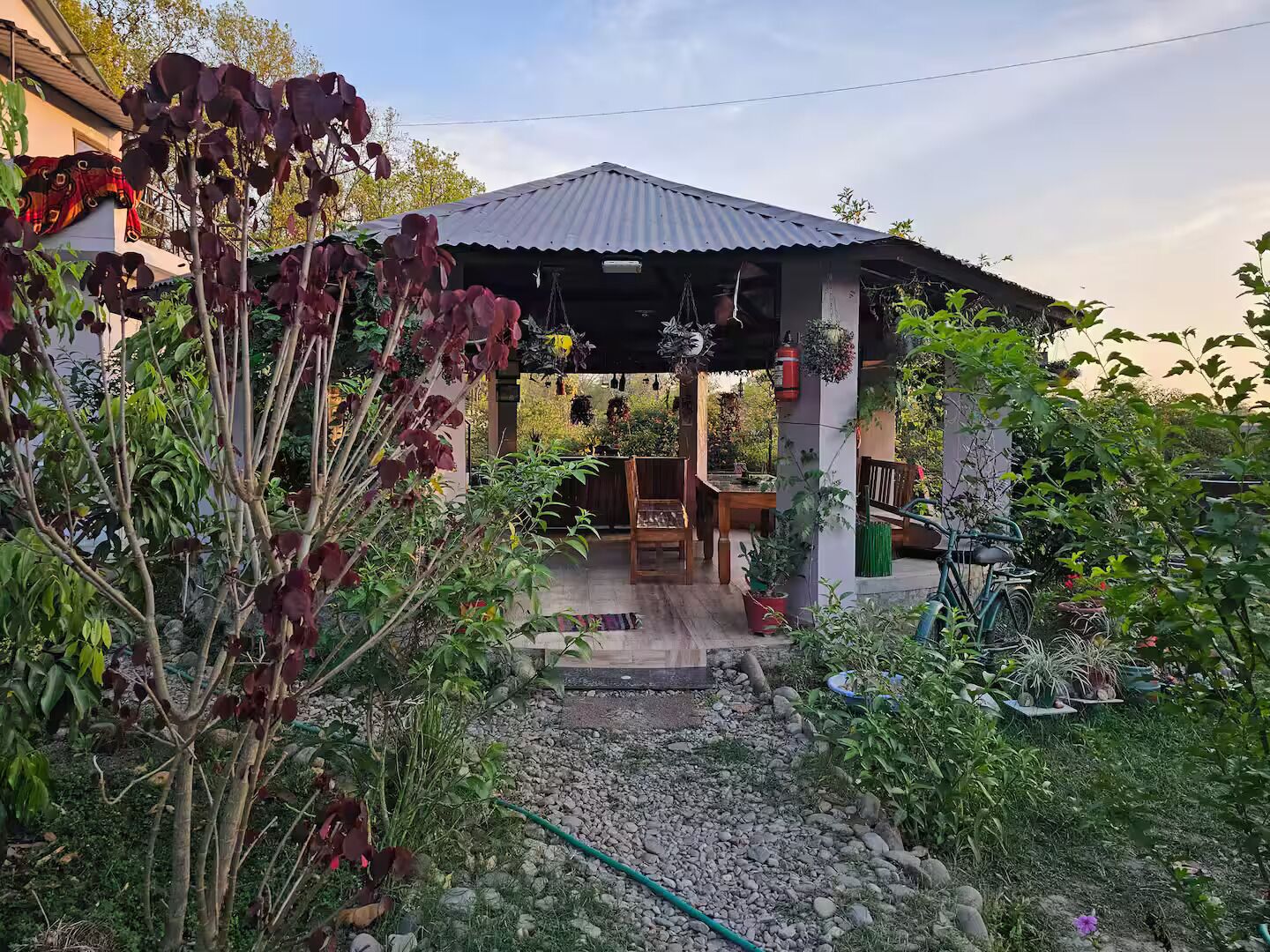 A covered patio area with a dining table and chairs, surrounded by potted plants and a garden path.