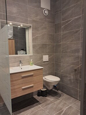 Shower, towels, soap, toilet paper