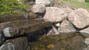 Un petit point d’eau naturel, agrémenté de rochers et d’eau claire, entouré de verdure et avec un bâtiment visible au loin.