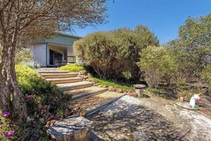 A residential property with a paved pathway leading to a house, surrounded by greenery and a small garden area.