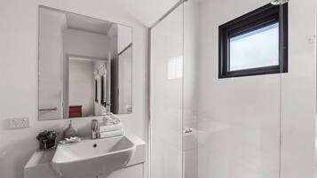 Shower, hair dryer, towels, shampoo