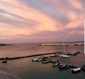 Un puerto con barcos amarrados, un muelle y una costa lejana.