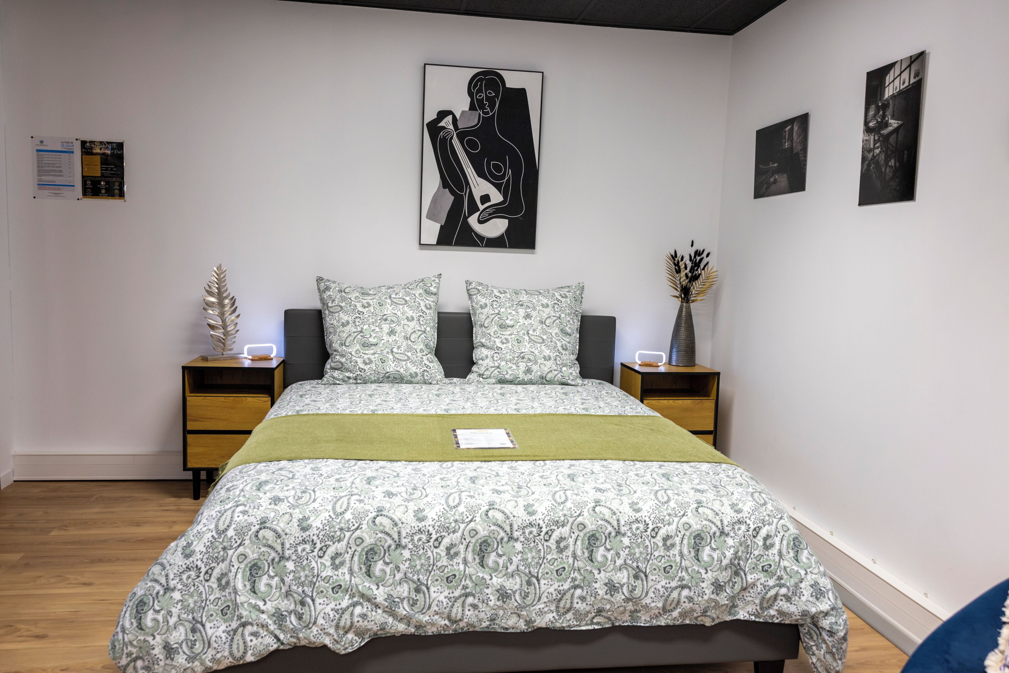A bedroom with a bed, two nightstands, a wall-mounted artwork, and a small decorative plant.