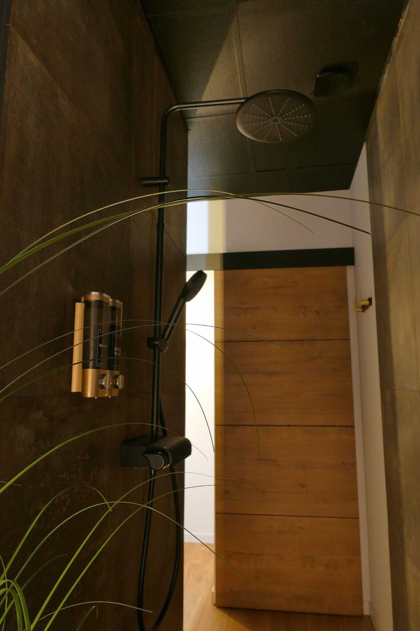 Un área de ducha con una puerta de madera, un perchero y una planta.