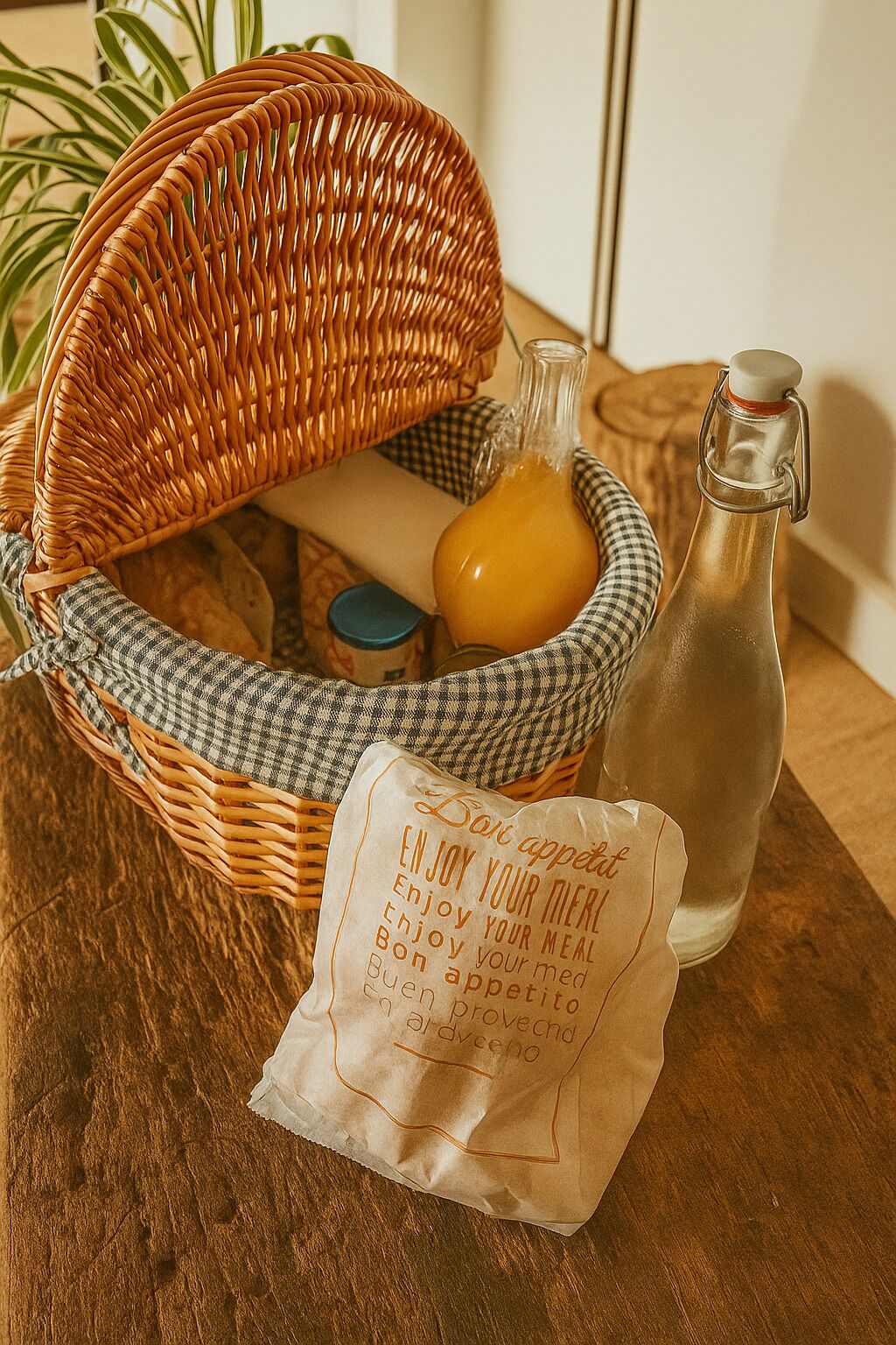 A wicker basket with a checkered cloth, a glass bottle, and a paper bag with text.