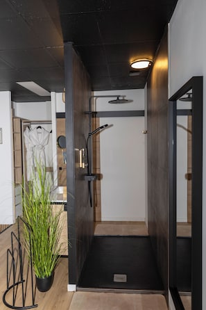 A modern bathroom with a shower, a towel rack, and a potted plant.