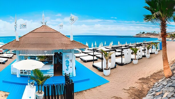 Un hôtel situé en bord de mer, doté d’une structure à toit de chaume, de chaises longues et de plantes en pot.