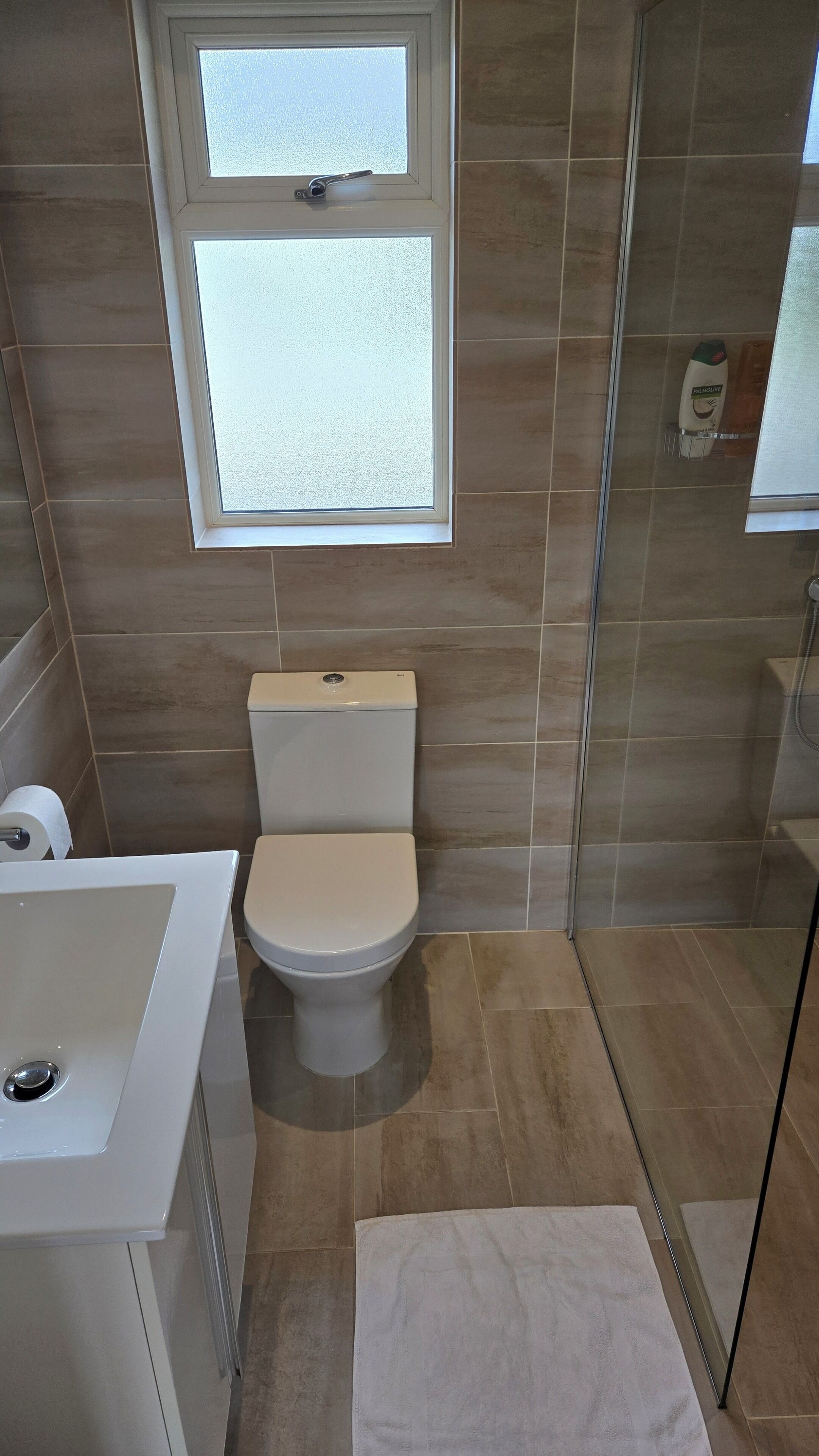 A bathroom with a toilet, a sink, a shower, and a window.
