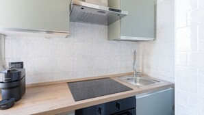 Une cuisine moderne équipée d’une cuisinière intégrée, d’un évier et d’un lave-vaisselle compact.