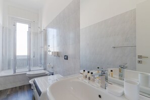 Hair dryer, bidet, towels, toilet paper