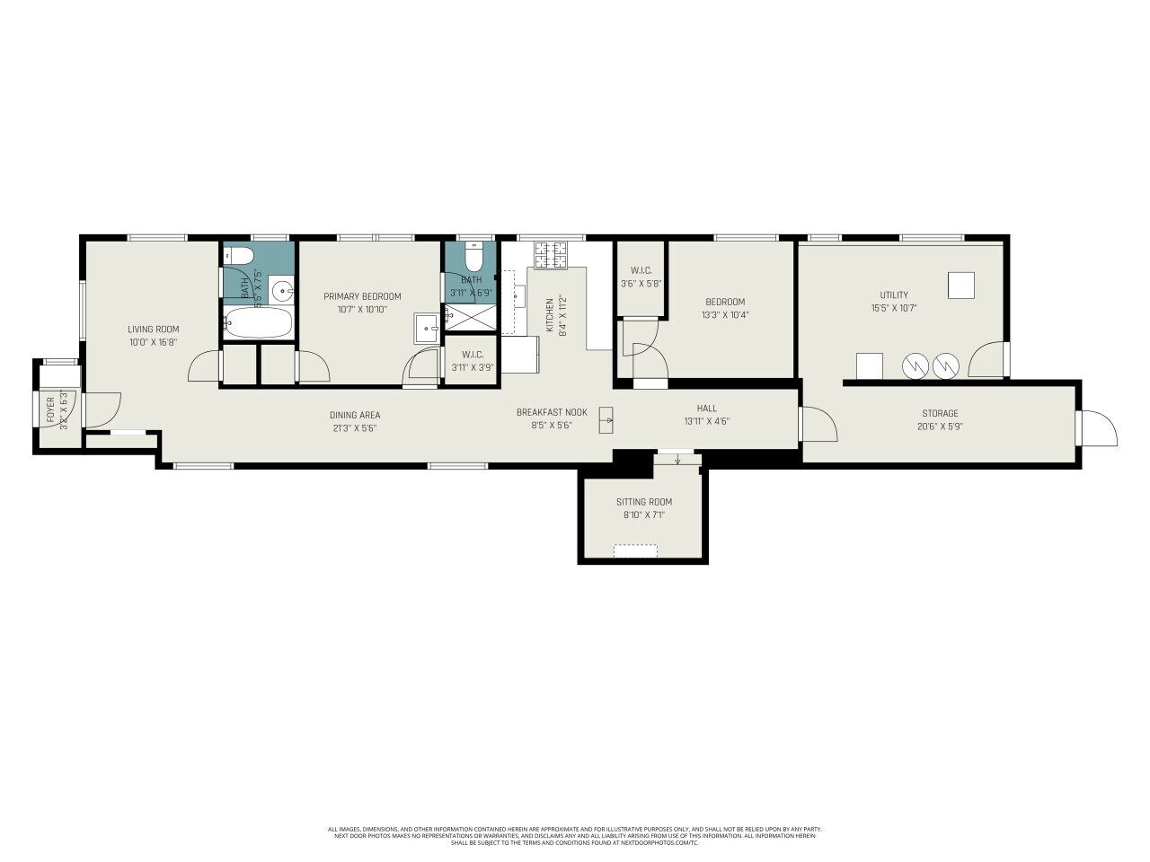 A floor plan of a hotel with a living room, dining area, primary bedroom, secondary bedroom, utility room, kitchen, bathroom, and a sitting room.