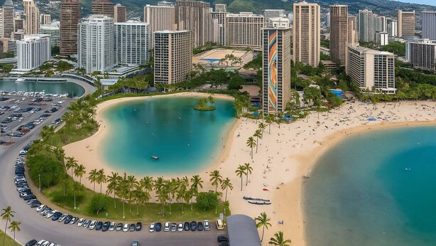 A coastal cityscape with high-rise buildings, a curved bay, and a beach with palm trees. - @ Marbella Lane Dreamy Sunset Views by the Sea (Honolulu)