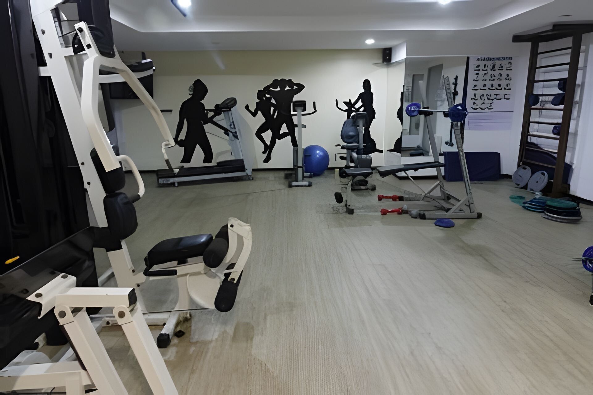 A gym with various exercise equipment, including treadmills, a stationary bike, and weight machines.