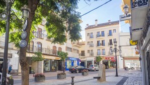 Une rue bordée de boutiques, avec une fontaine et des arbres.