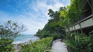 A coastal pathway lined with tropical vegetation, leading to a building with a view of the ocean. - Kira Baya Koh Samed (Koh Samet)