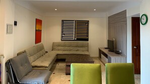 Un salon comprenant un canapé d’angle, un fauteuil vert, un téléviseur posé sur un meuble en bois et une œuvre d’art accrochée au mur.