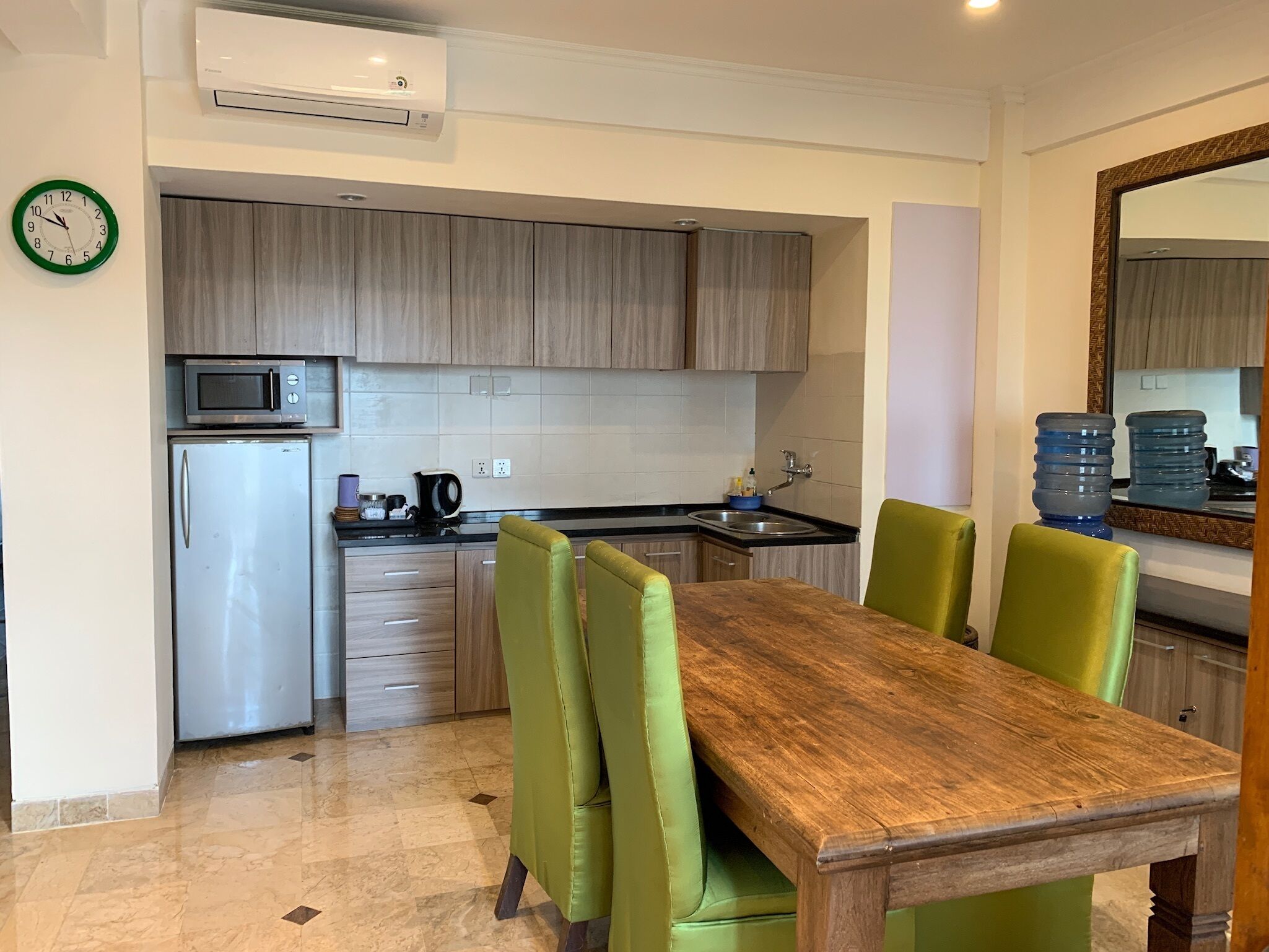 Fridge, microwave, cookware/dishes/utensils, spices