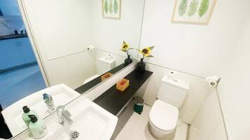 Een douche, een haardroger, handdoeken, zeep