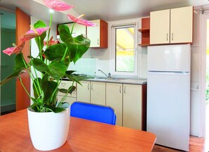 Fridge, oven, stovetop, cookware/dishes/utensils - Mobile Home 'Casa Orchidea 4' with Private Garden and Wi-Fi (Cavallino-Treporti)