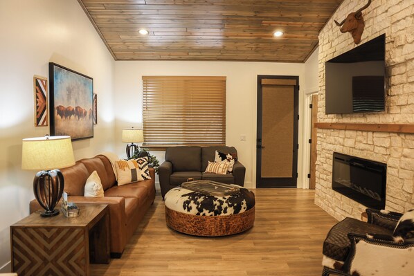 Smart TV, fireplace, books