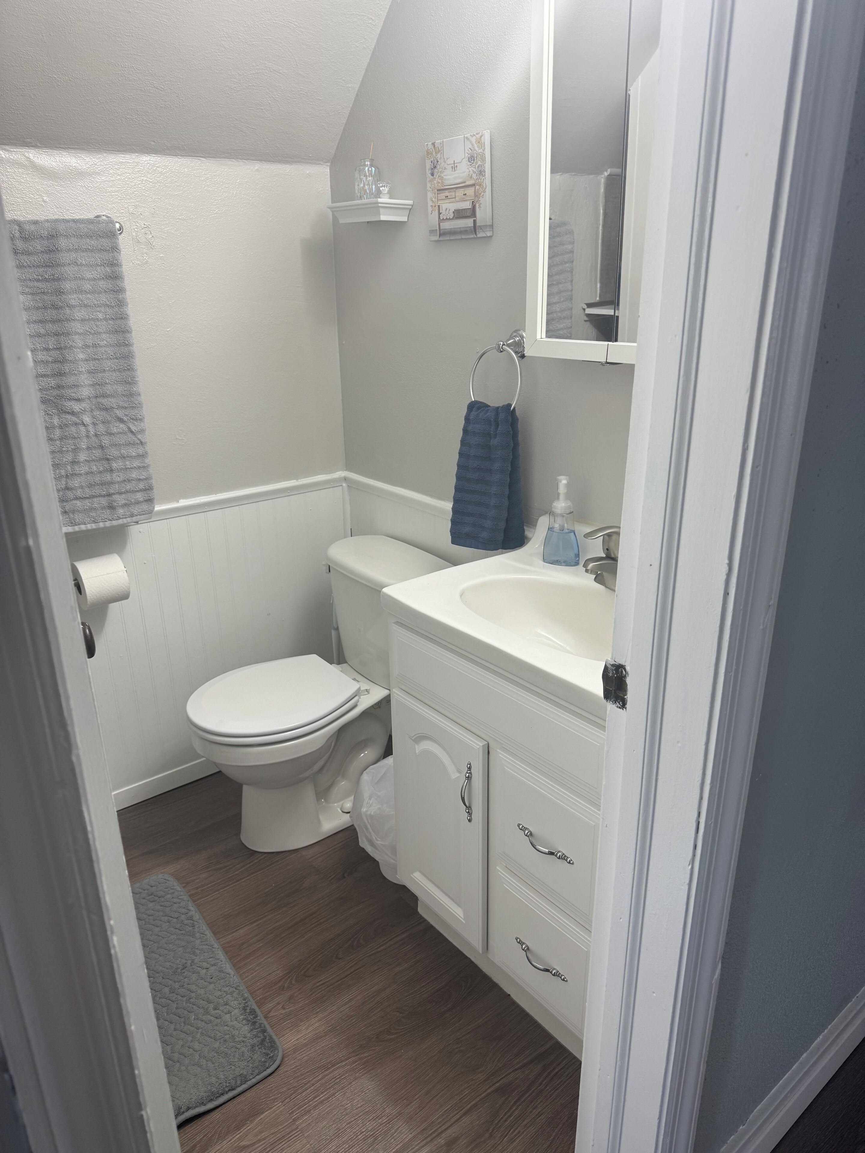 Douche, serviettes fournies, papier toilette