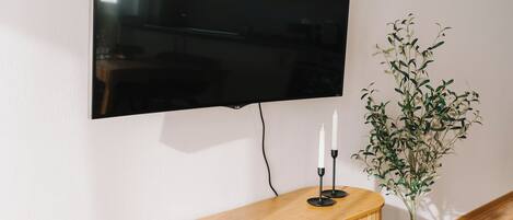 A modern living room with a wooden cabinet, a flat-screen TV mounted on the wall, and a potted plant.