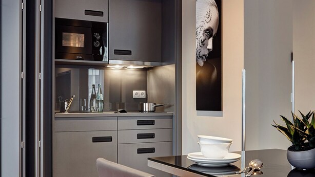A modern kitchen with a built-in oven, microwave, and stainless steel appliances. There is a dining table with chairs, a red rug, and a potted plant. - LÉGÈRE EXPRESS Hotel Leipzig - Apartment with kitchenette & breakfast optional (Leipzig)