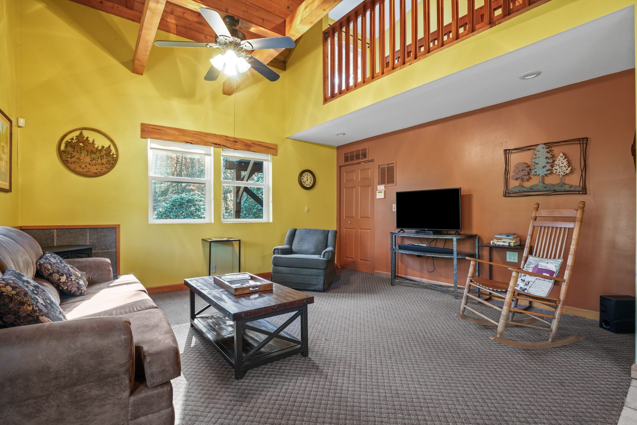 TV, caminetto, lettore DVD, libri