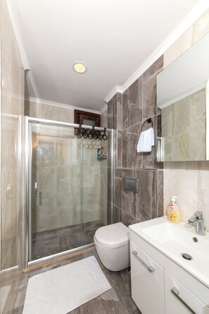 Shower, hair dryer, towels, toilet paper