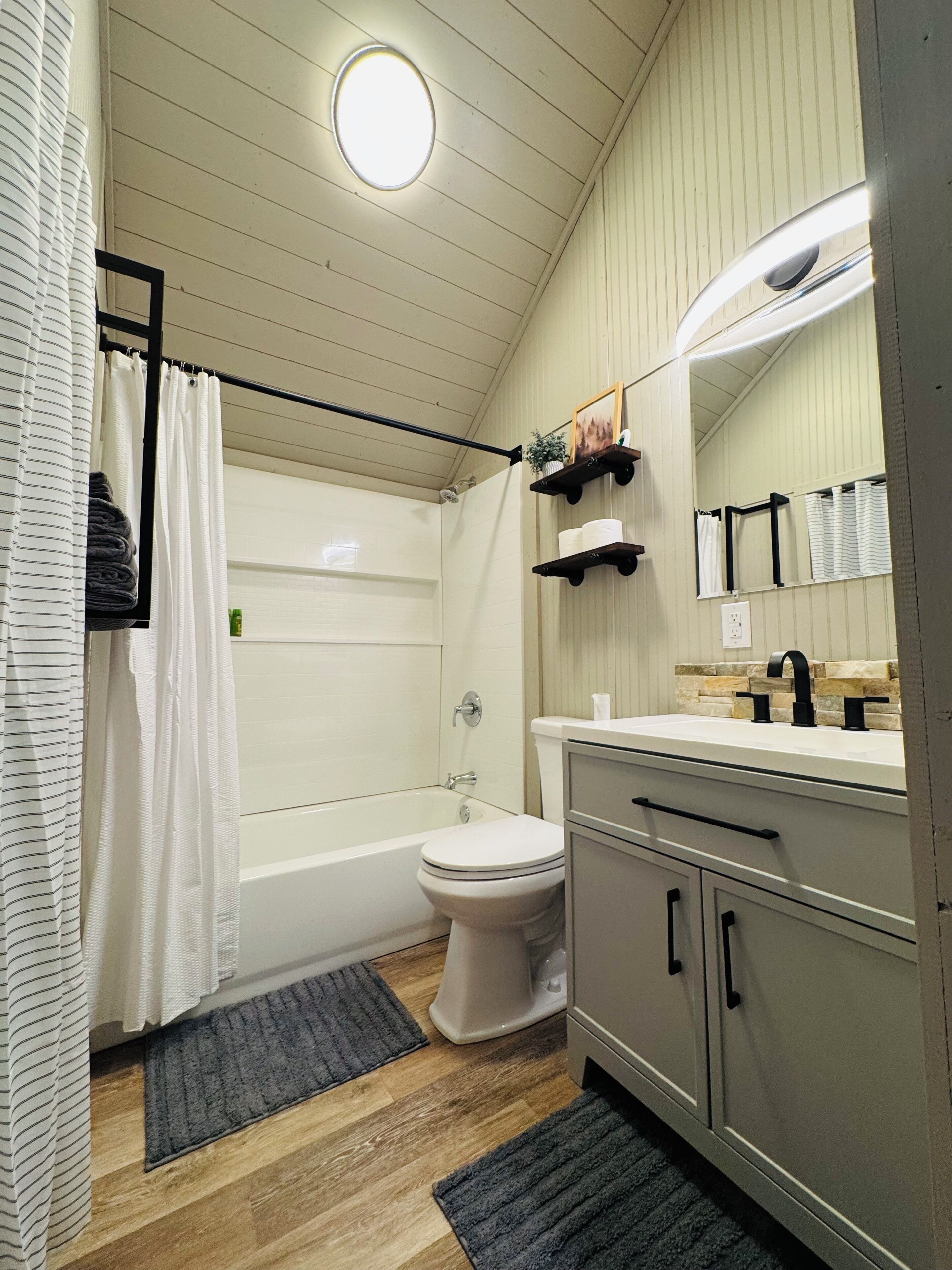 Hair dryer, towels, soap, shampoo