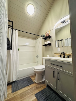 Hair dryer, towels, soap, shampoo