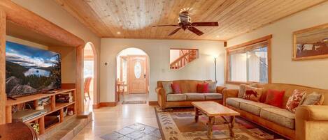 Télévision, cheminée, écrans d'ordinateur