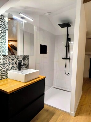 Douche, sèche-cheveux, serviettes fournies, papier toilette