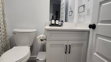 Hair dryer, towels, soap, shampoo