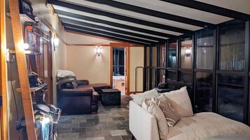 Smart TV, fireplace, books