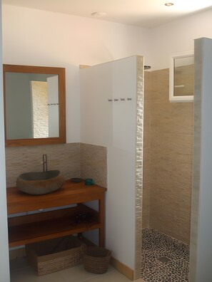 Shower, hair dryer, towels - Bed and Breakfast 'Chambre Bleue' with Shared Pool, Shared Terrace and Wi-Fi (Saint-André d'Allas)