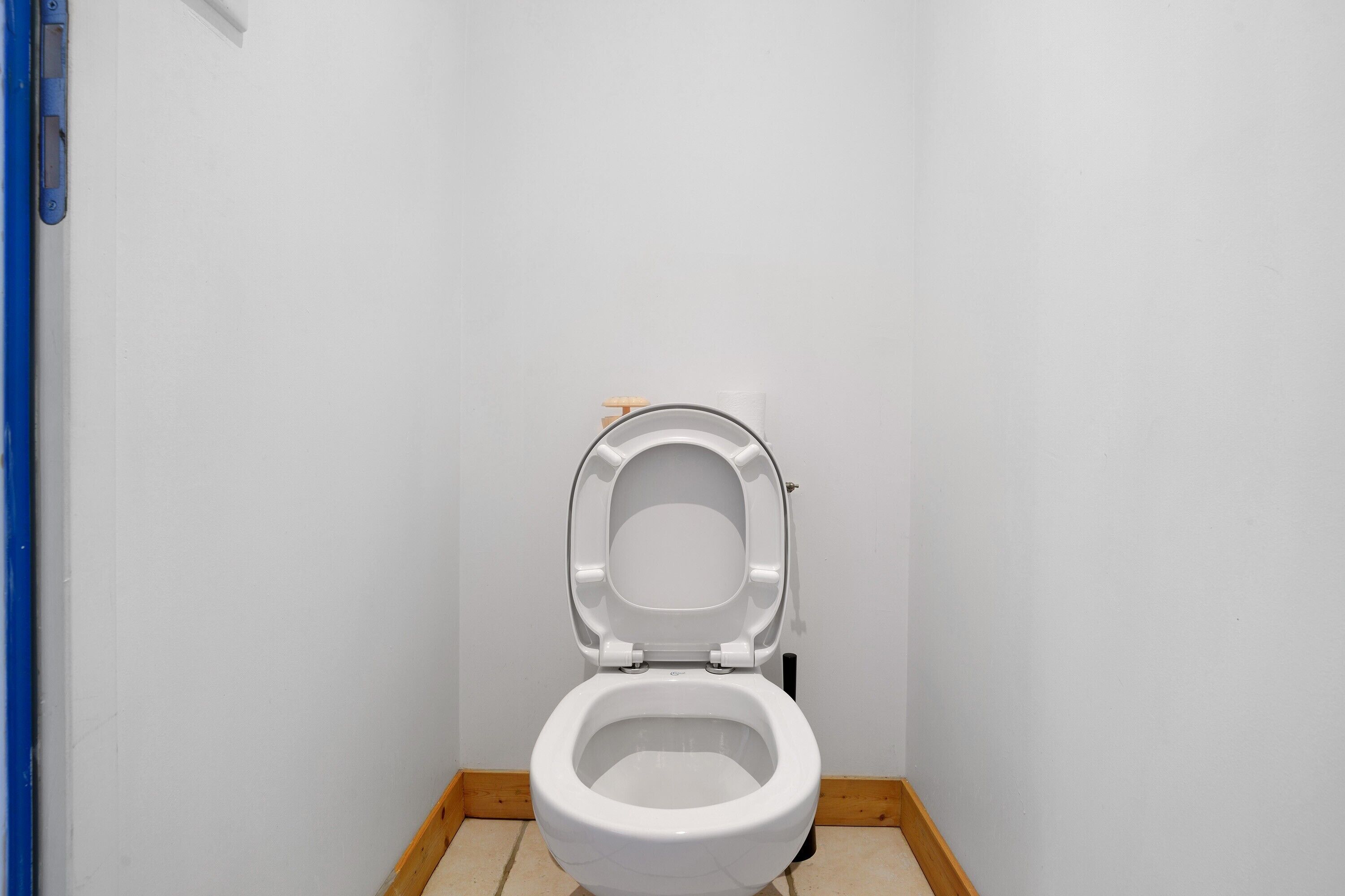 Eine weiße Toilette in einem Badezimmer mit Holzboden und blauer Türrahmen.