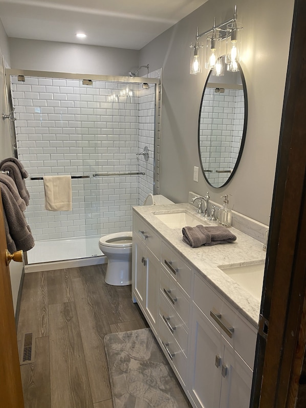 Shower, hair dryer, towels, toilet paper