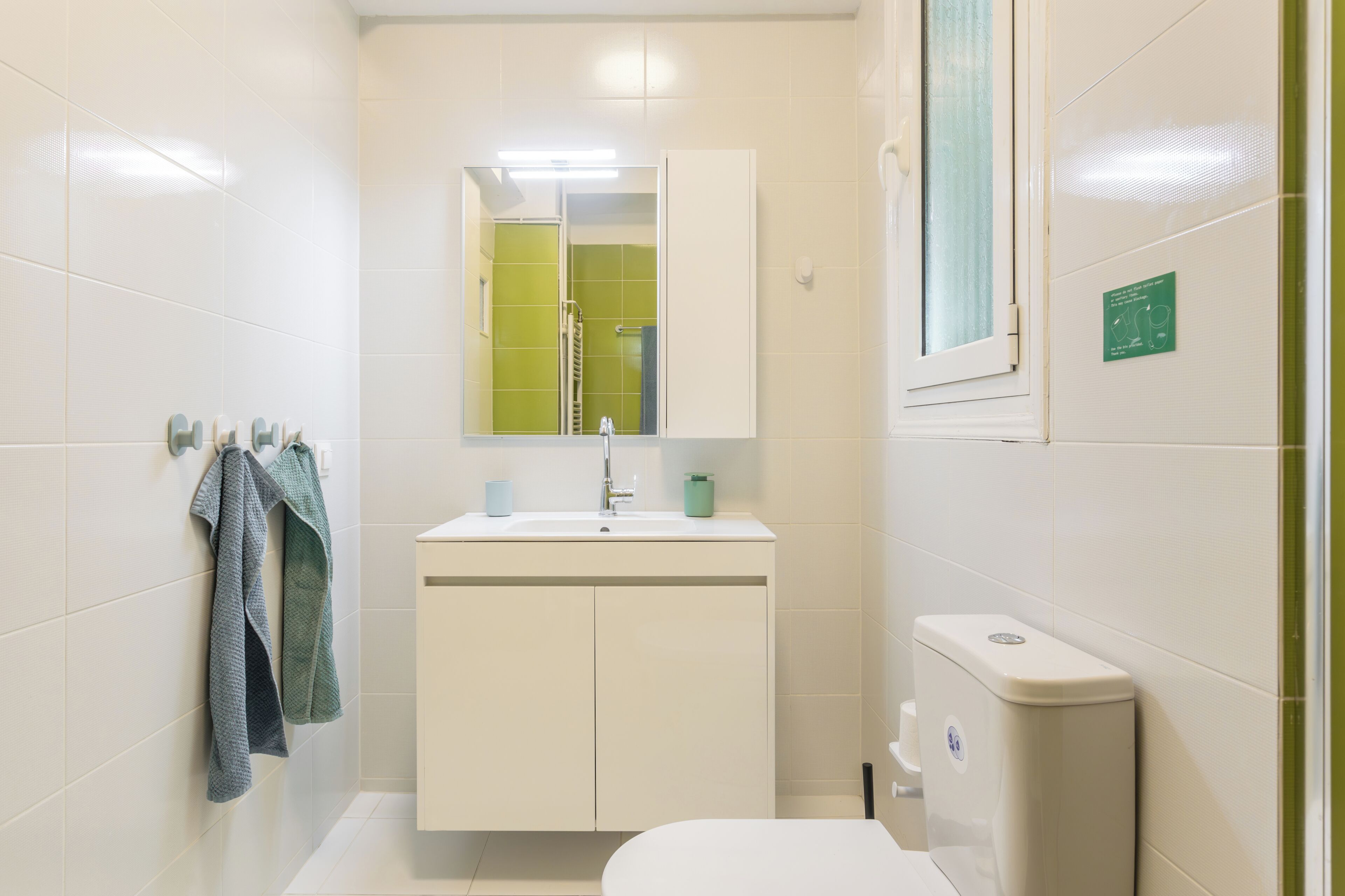 Baño con inodoro, lavabo, espejo y toallero.