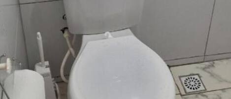 A toilet with a marble floor, a toilet paper holder, and a flush handle.