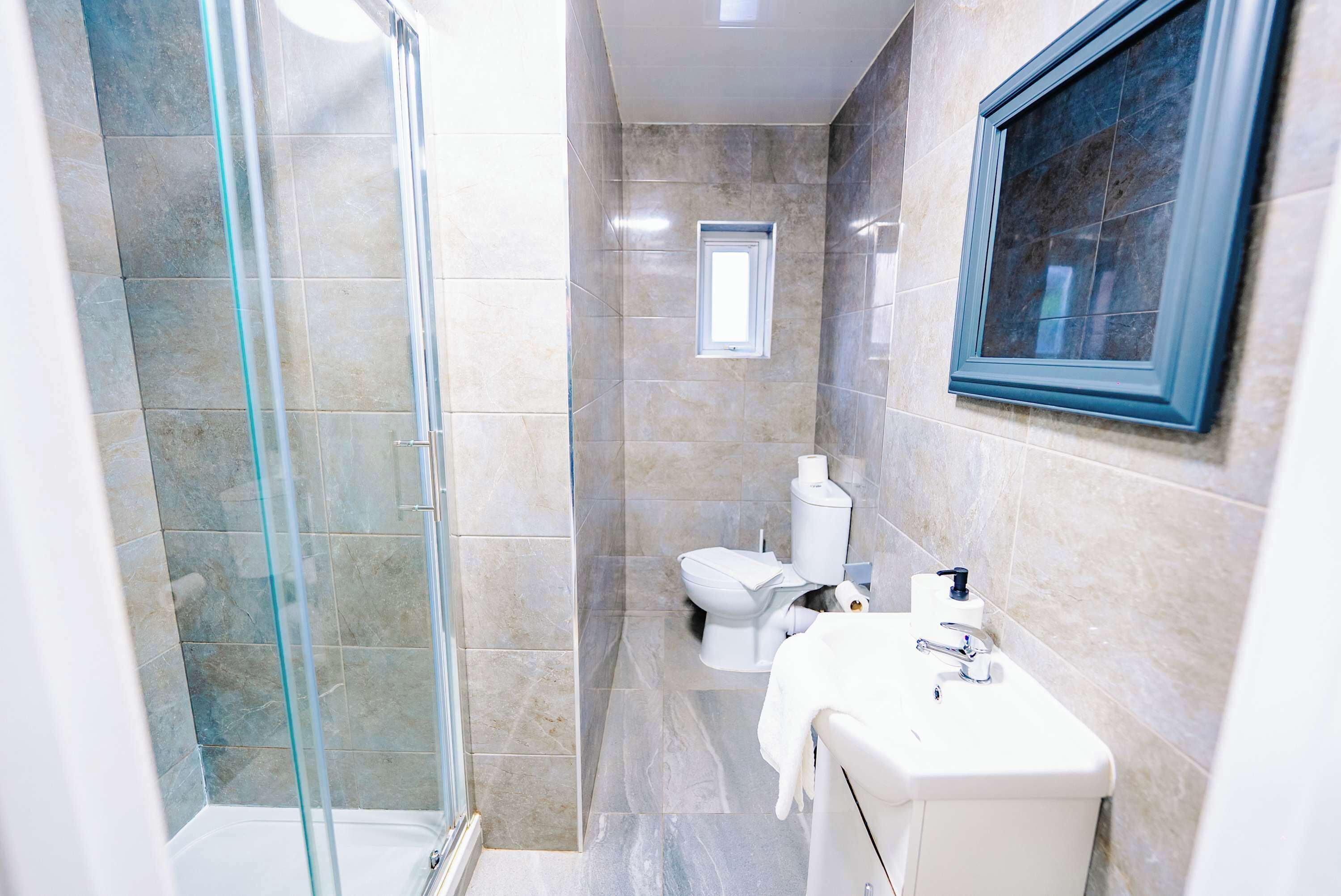 Shower, hair dryer, towels