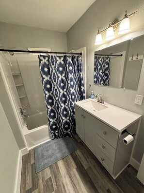 Hair dryer, towels, soap, toilet paper