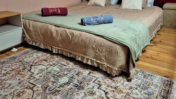 Une chambre à coucher comprenant un lit, une table de chevet, une prise de courant murale et un tapis à motifs.